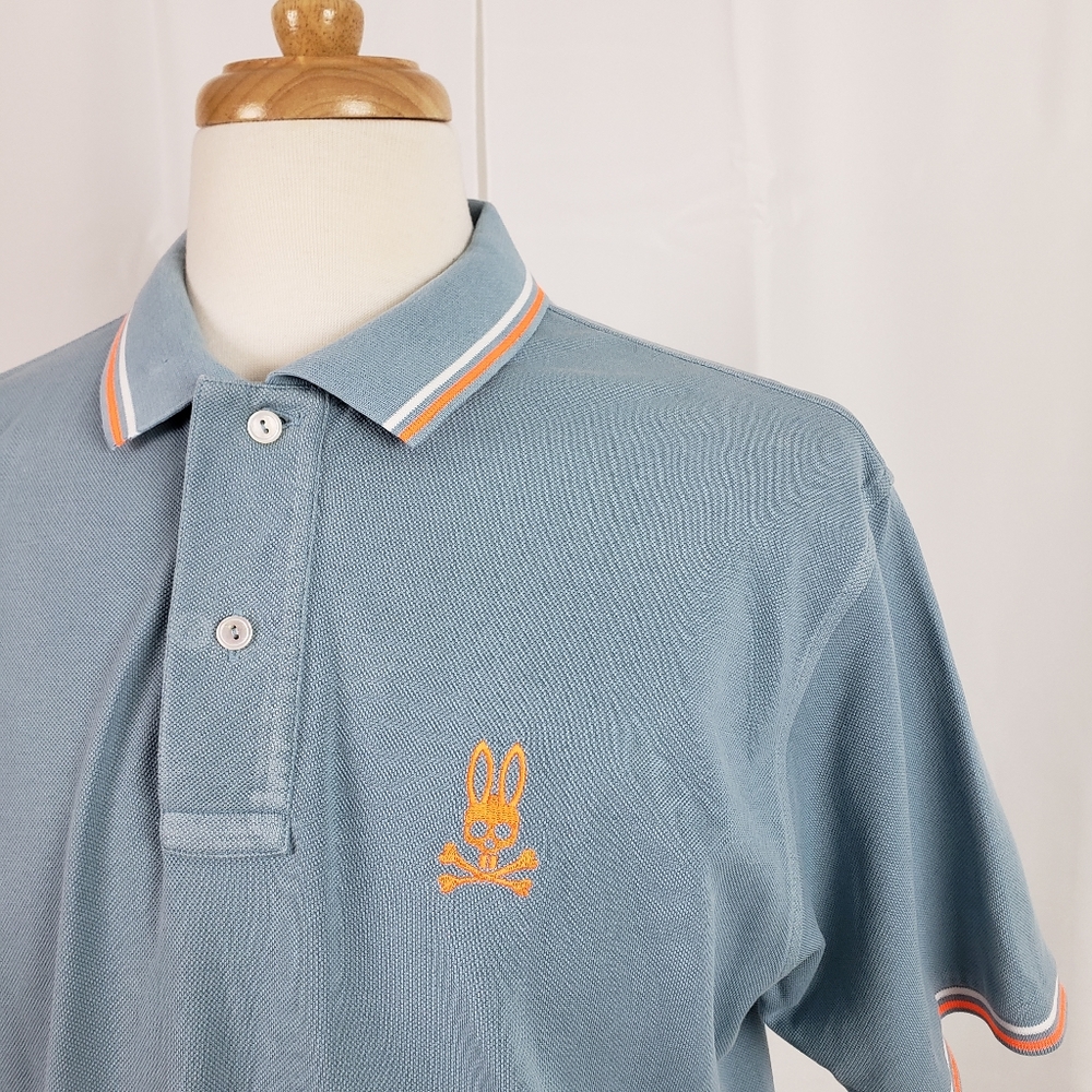 Psycho Bunny Blue Polo Shirt with Striped Cuff Collar Accents Orange White 7 XL